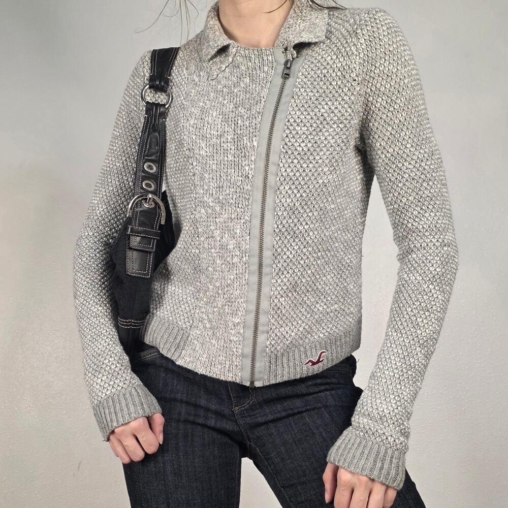 Y2K Hollister Moto Zip Sweater Gray Fitted Cropped Cardigan XS 2000s Mall